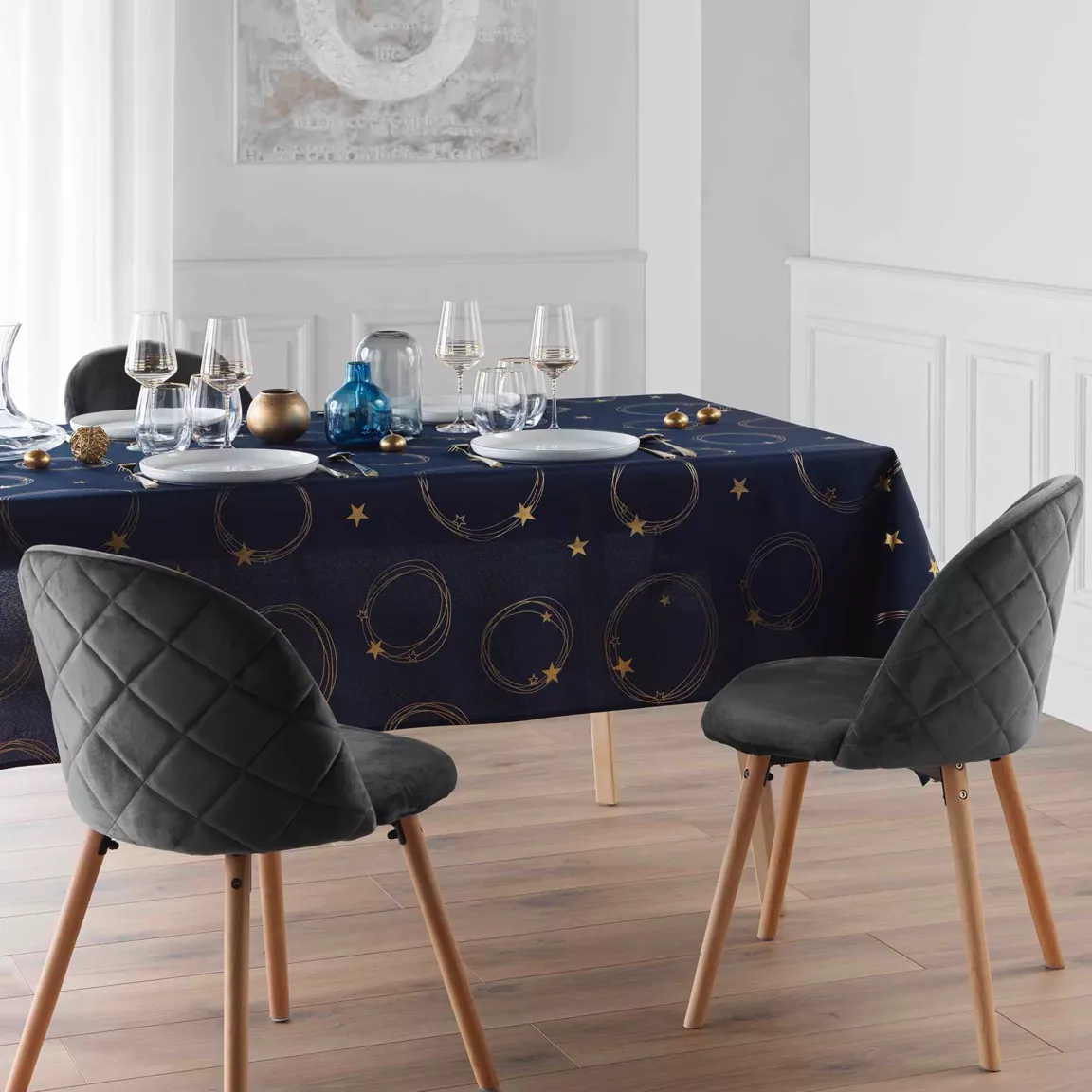 Nappe de Noël rectangulaire anti tache (150 x 300 cm) Star Bleu marine et doré