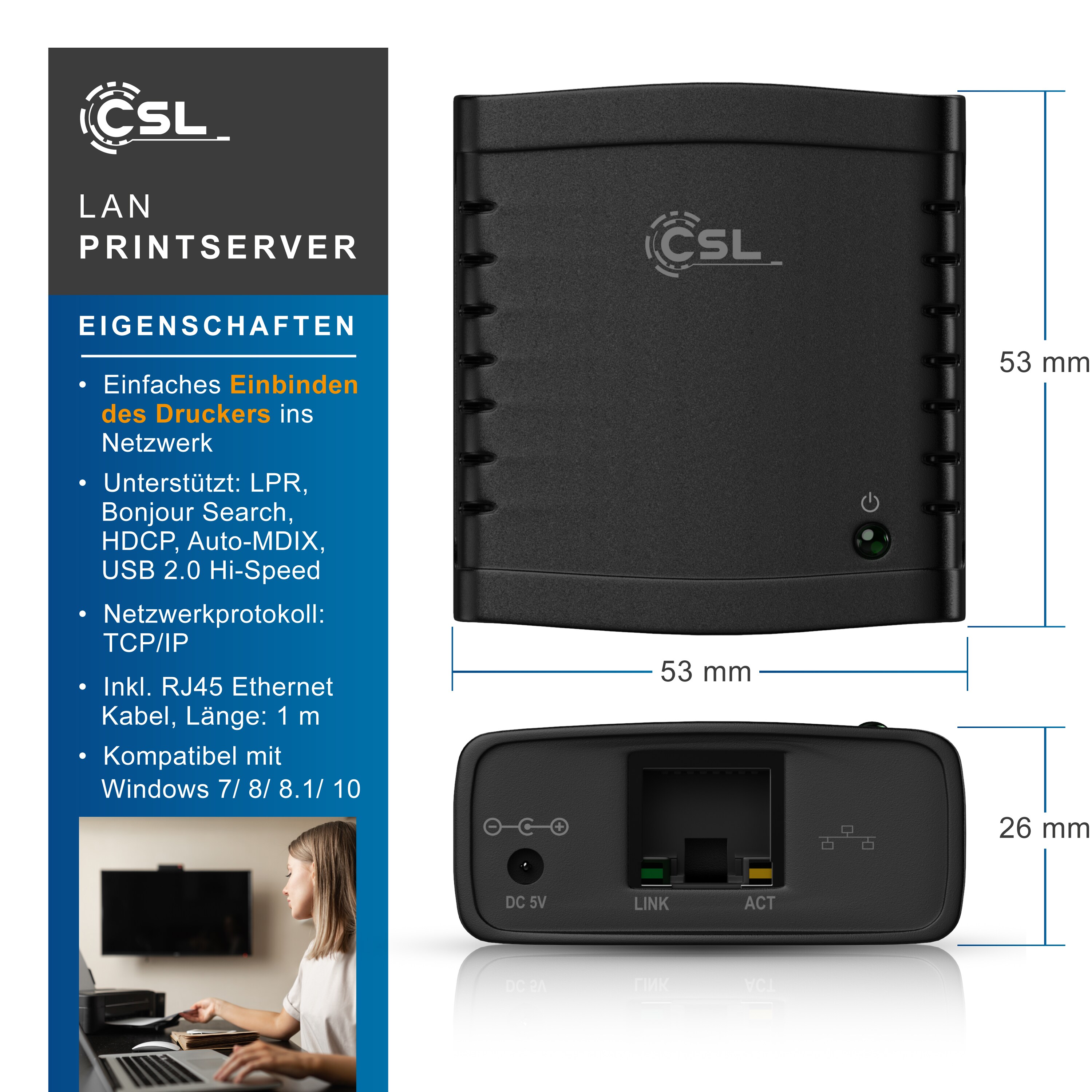 CSL Fast Ethernet USB Printserver inklusive Netzteil PC und MAC / Windows 10 fähig