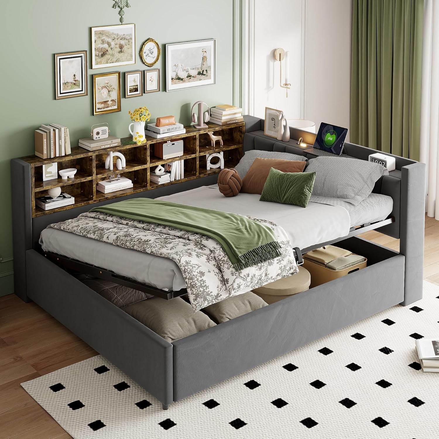 Polsterbett Schlafsofa 140x200, Doppelbett mit Staufach&Nachtlicht&Ladestation, Tagesbett mit Hydraulischem Stauraum & Lattenrost, Funktionsbett Stauraumbett Gästebett Jugendbett, Ohne Matratze, Grau