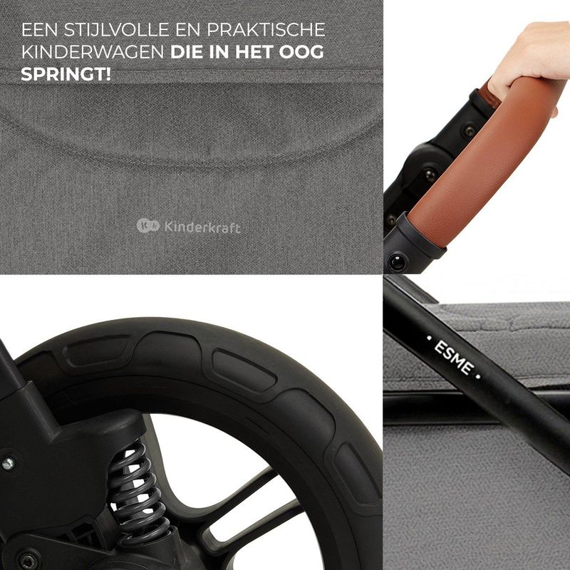 Kinderkraft - ESME - 3-in-1 Kinderwagen - Moonlight Grey - Omvormbare Wiegbak naar Buggy - TRAVEL SYSTEM met Autostoel