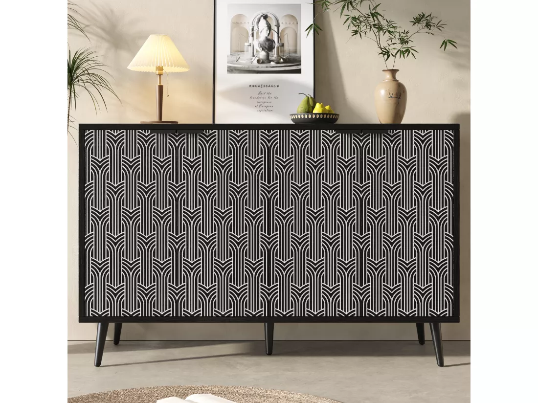 Buffet moderne avec 4 portes sculptée - 120 x 35 x 78 cm - MDF - pour salle à manger et salon - Noir
