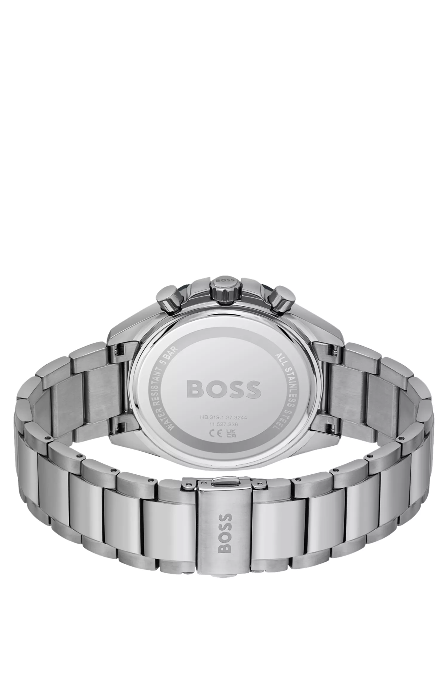 Relógio cronógrafo BOSS com mostrador preto e azul e pulseira de elos.