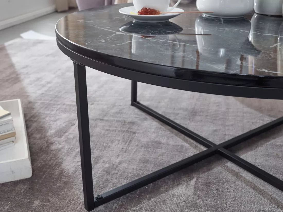 basse 80x36x80 cm aspect marbre noir | Table de salon avec structure en métal | Table basse table ronde salon | Table d'appoint