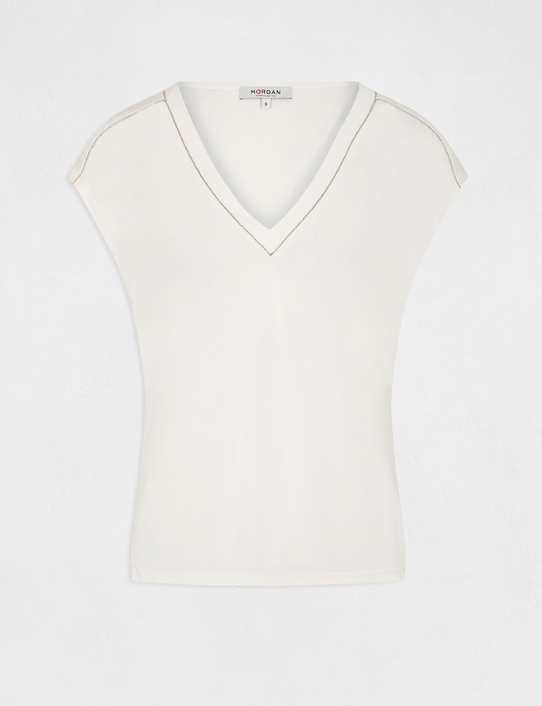 T-shirt manches courtes à col en V ecru femme - ecru