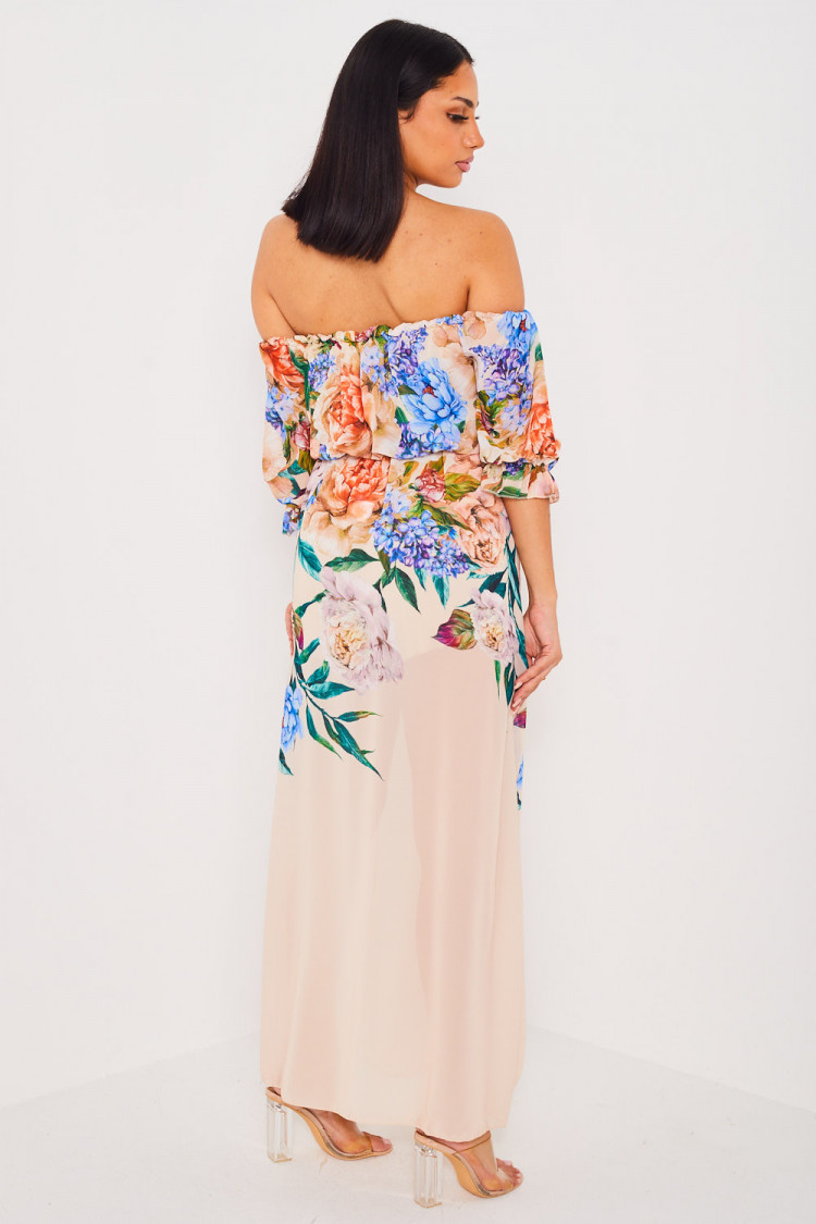 Robe beige longue en voile à fleur