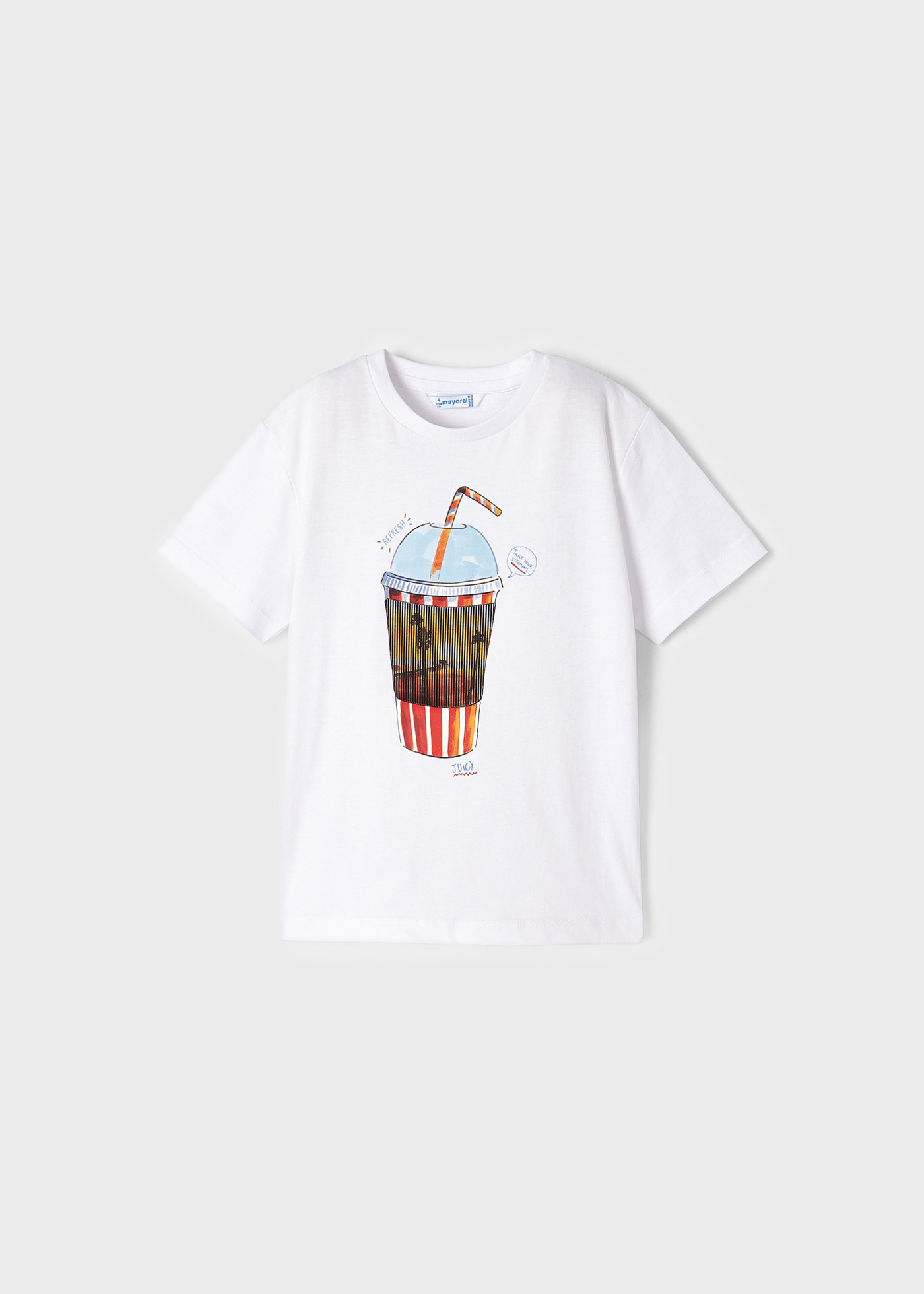 Camiseta infantil com estampa interativa, feita de algodão sustentável.