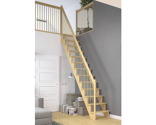Pertura Filia grenen trapboom, onbehandeld, recht, 75 cm, 12 treden / 13 stootborden, balusterleuning