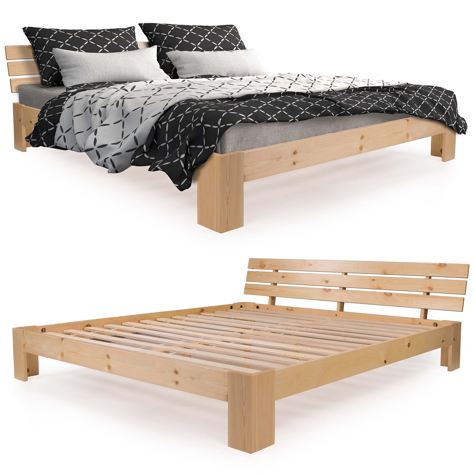 SANZARO Holzbett 140 x 200 cm - Massivholz Bett Kiefer Doppelbett Balkenbett Bettgestell Bettrahmen Lattenrost, Natur | Natur 140 x 200 cm