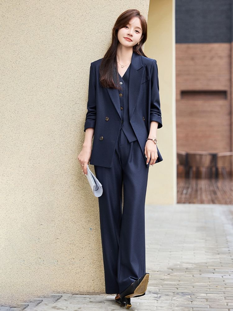 Skyheart - Peak Lapel Plain Double-Breasted Blazer / V-hals Single-Breasted Vest / Hoge Taille Loose Fit Pak Broek / Set