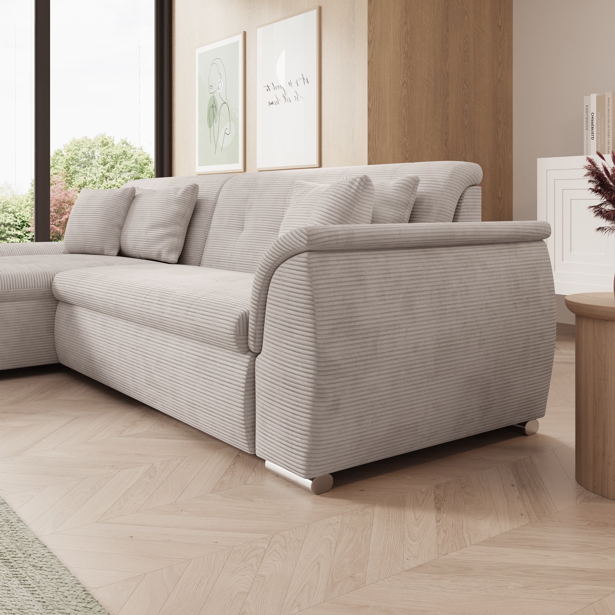 Alberta - Hoekbank 3-zits met slaapfunctie - Ribstof beige - Links - 286x170x80 cm