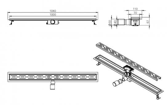 Mueller Gold douchegoot met flens 100x7cm geborsteld messing
