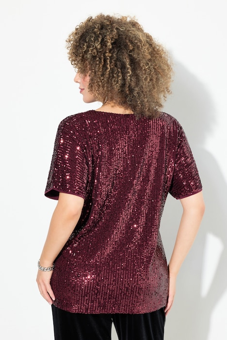 Pailletten-Shirt, Oversized, V-Ausschnitt, Halbarm