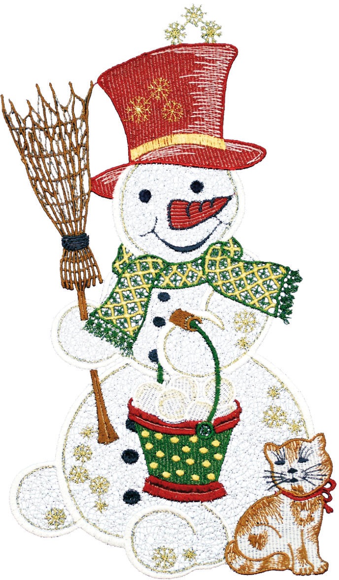 W. Reuter & Sohn - Plauener Spitze® Fensterbild »Schneemann mit Katze« Made in Germany