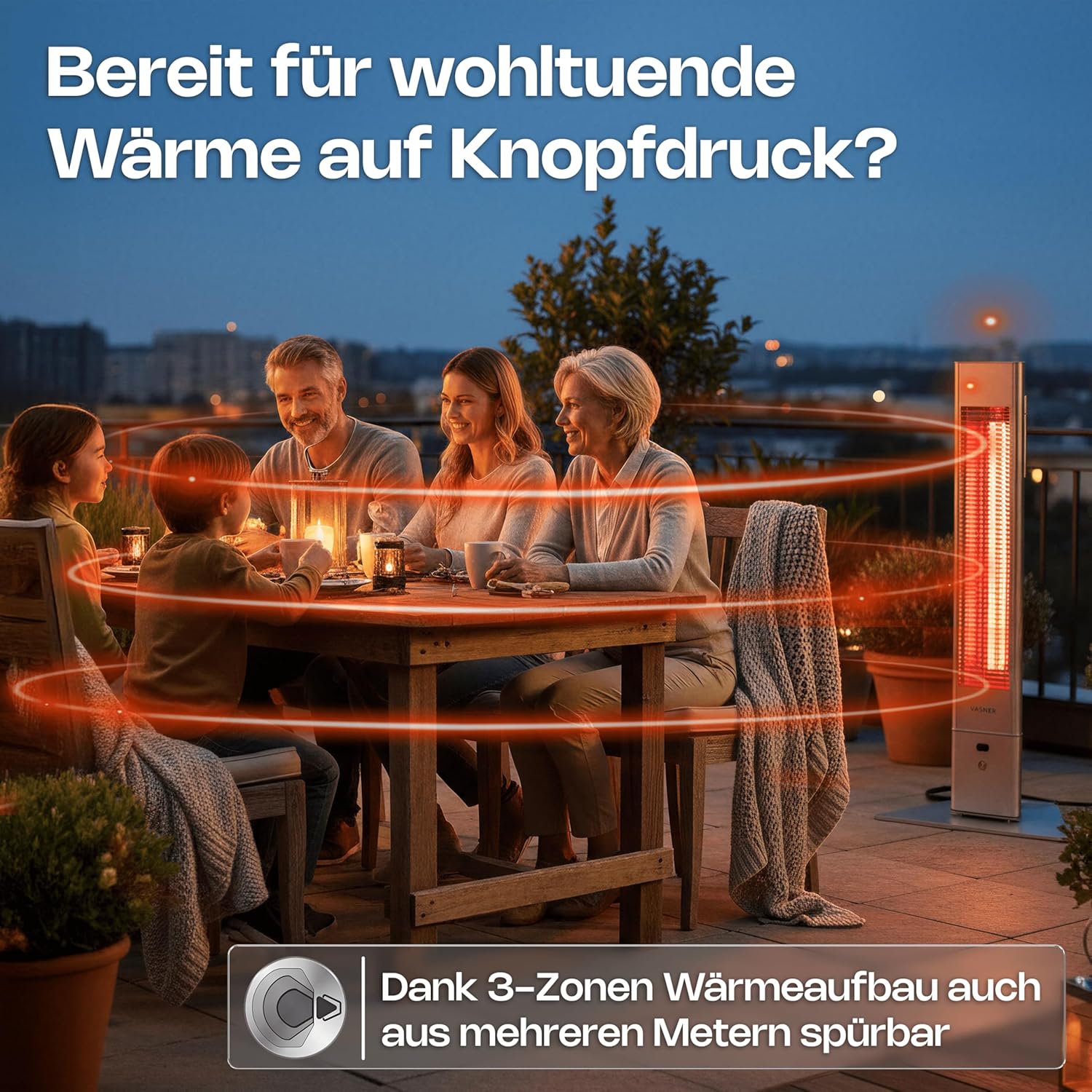 VASNER HeatTower Wärmestrahler (+ Aircape) - Infrarot Standheizstrahler 2500 Watt - Heizstrahler Terrasse elektrisch 4 Stufen - Elektro Heizstrahler Outdoor - Terrassenstrahler Infrarot Fernbedienung