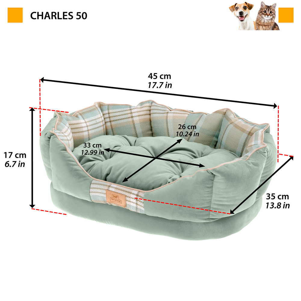 Ferplast couchage rembourré pour chats et chiens charles 50, divan avec coussin, sofa pour animaux, écossais, velours doux,