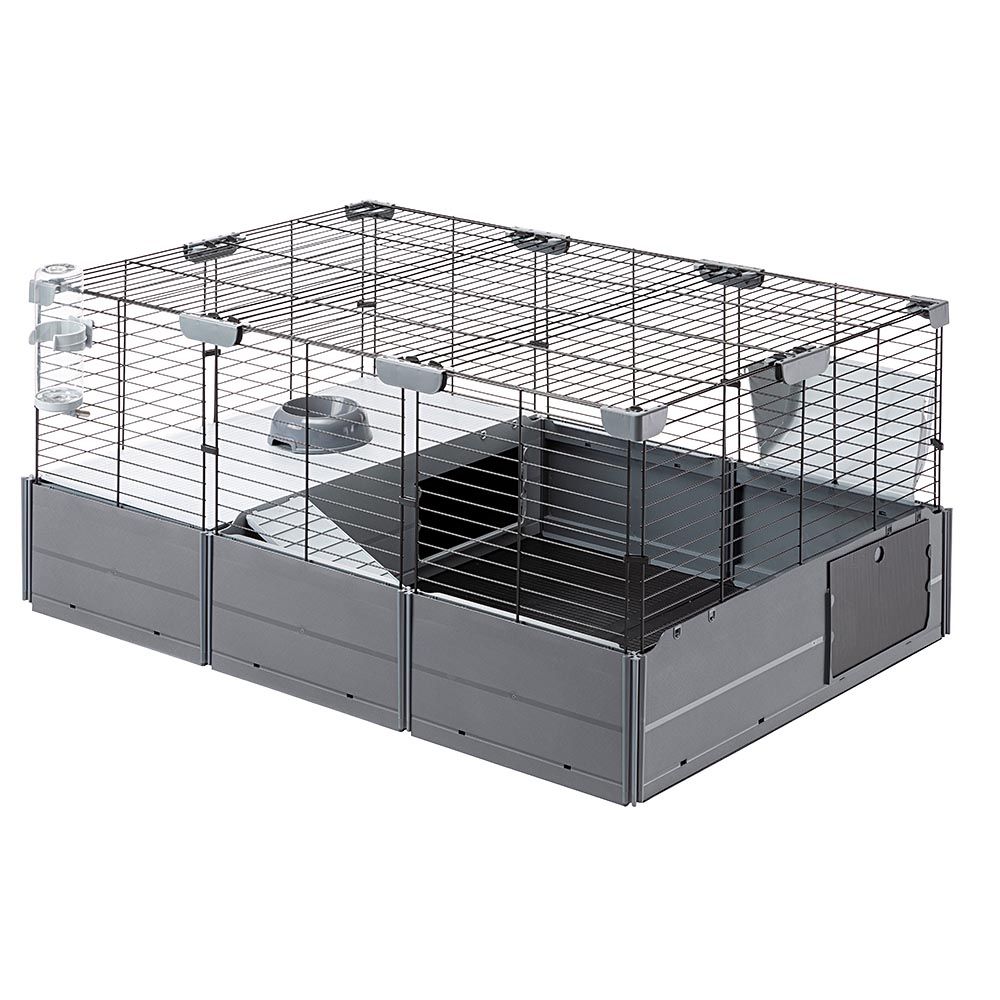 Cage modulable pour lapins et cochons d'inde multipla, en grillage métallique et plastique recyclé, avec accessoires