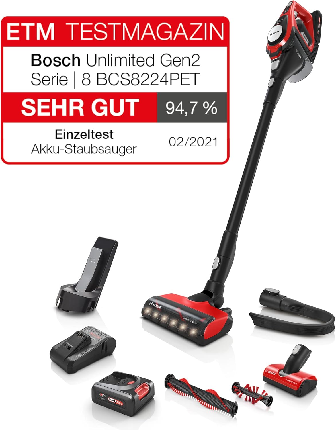 Bosch Akku-Staubsauger Unlimited Gen2 Serie 8 ProAnimal BCS8224PET, Tierhaar-Staubsauger, beutellos, bis 65 Min Laufzeit, mit Wechselakku, Schnellladegerät, Hygiene-Filter, Tierhaar-Bürstenrolle, rot