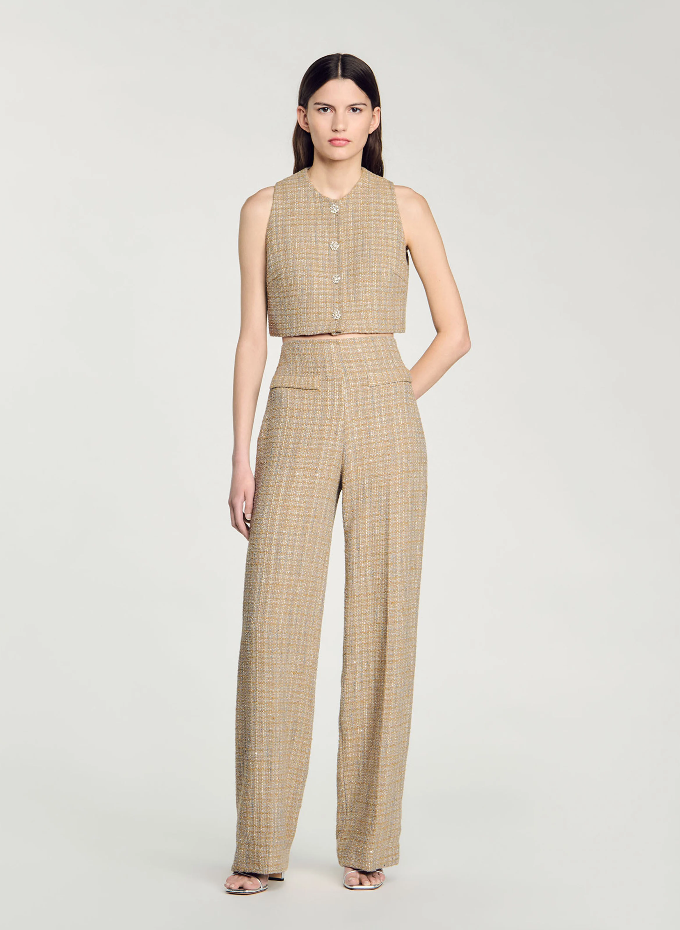 Pantalon en tweed droit taille haute | Marron