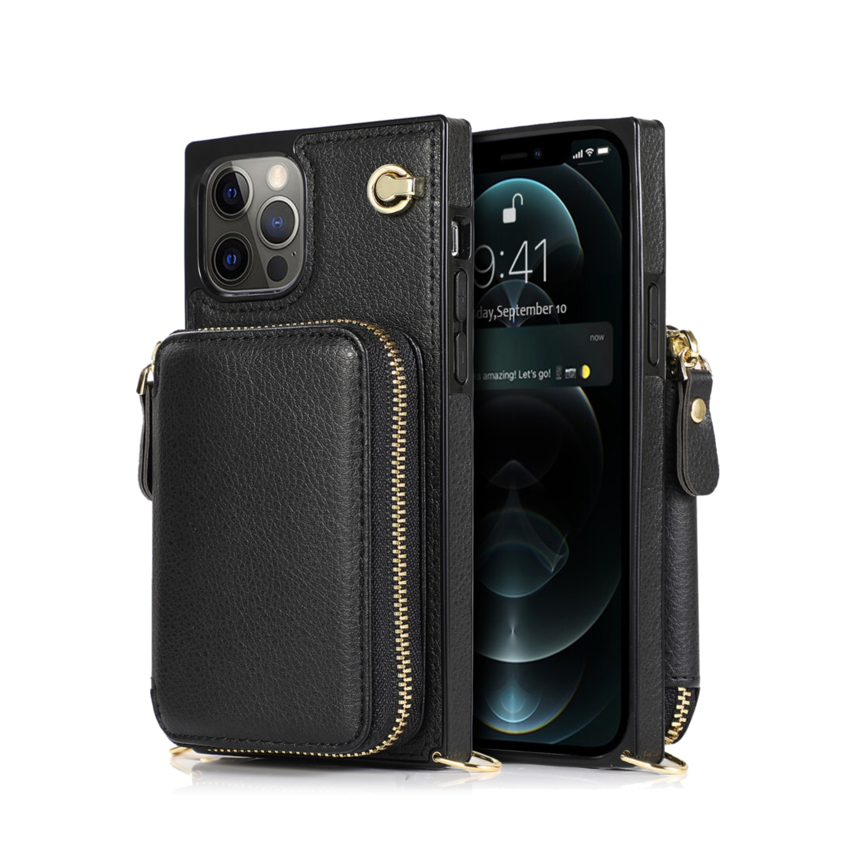 iPhone 12 / iPhone 12 Pro Necklace Leder Schutz Hülle mit Kartenfächer   Handykette (140cm) - Schwarz