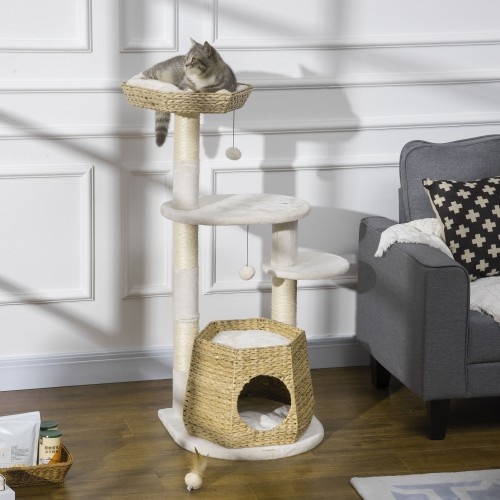 Arranhador de madeira natural de sisal PawHut para gatos.