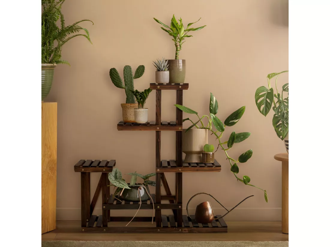 Étagère à fleurs en bois brun carbonisé meuble 6 niveaux support pot pour salon