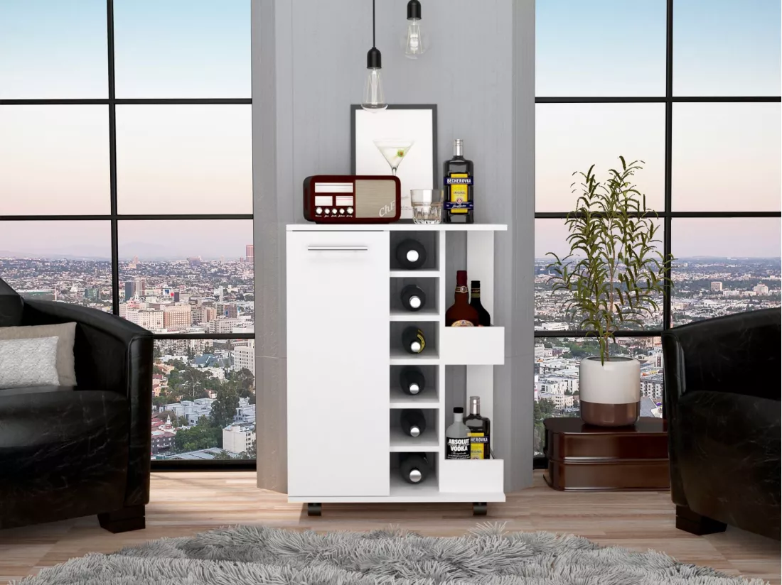 Chariot Bar, Bar Cart avec des roulettes et des étagères latérales