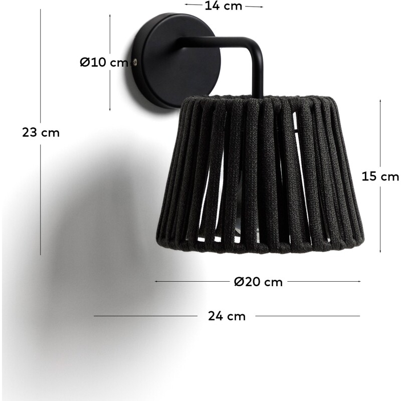 Applique murale d’extérieur Aldet en corde plate et métal noir