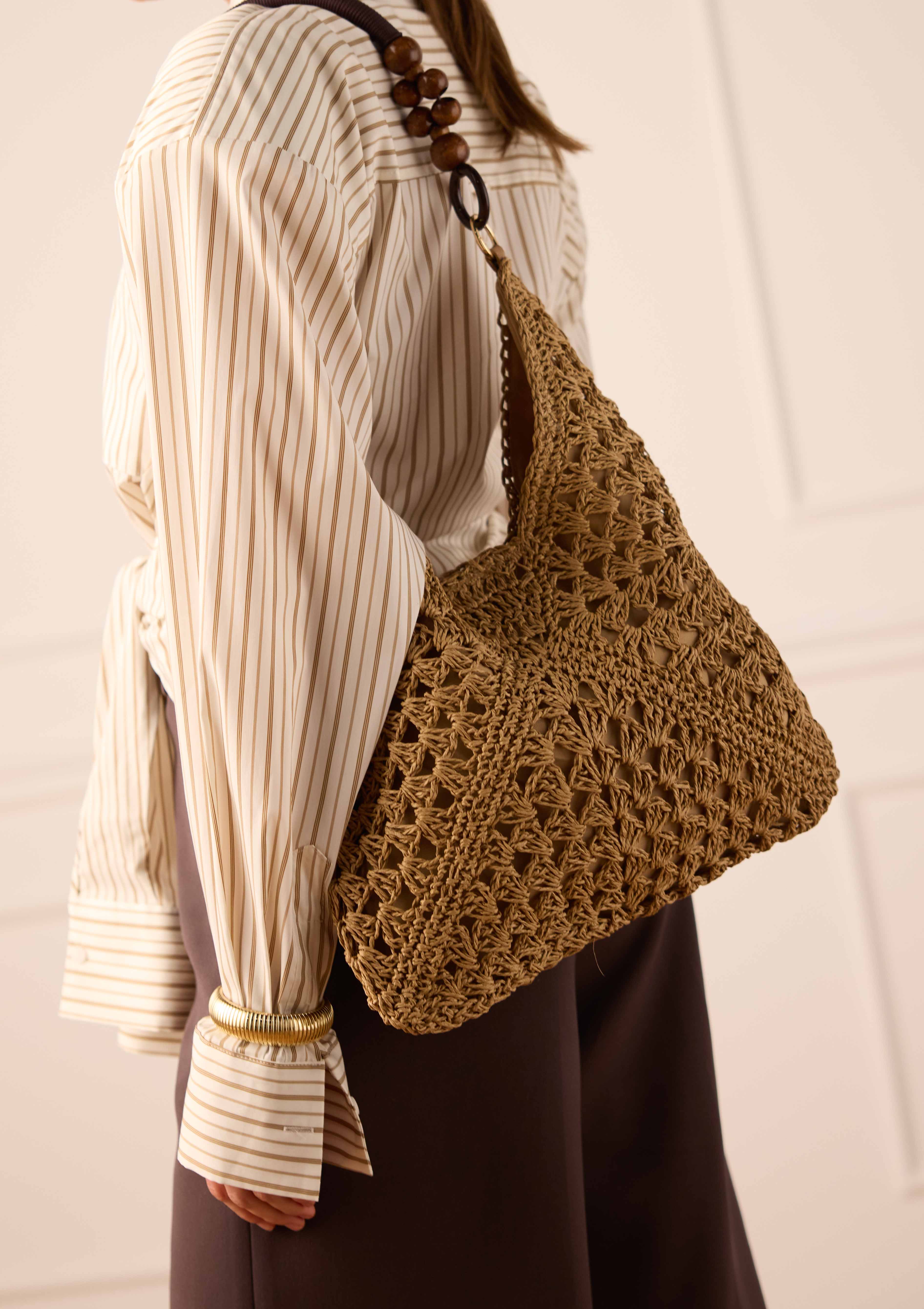 Beige raffia schoudertas