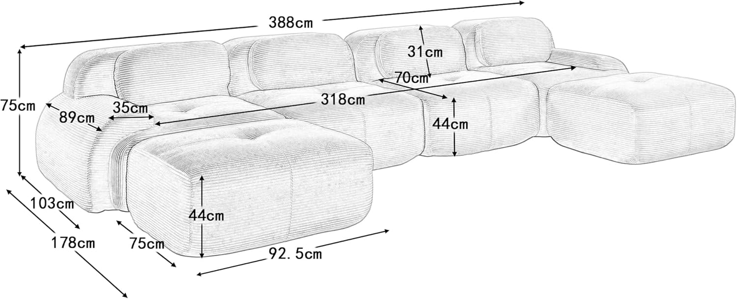 Modulares 4 Sitzer Sofa aus Cordstoff, Ecksofa, Boneless Couch mit 2 Ottomane, Compressed Sofa, Ohne Montage & Rutschfester Unterseite, frei Kombinierbar, 388×178×75cm (Grau)