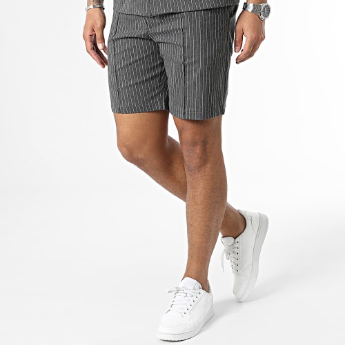 Ensemble Chemise Manches Courtes et Short Chino A Rayures Gris Anthracite