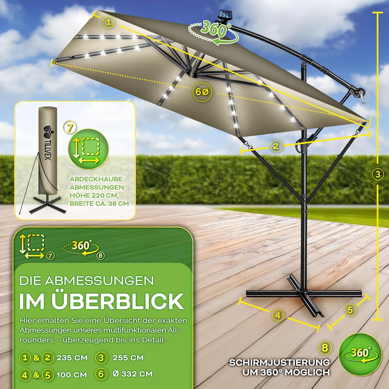 tillvex® Alu Sonnenschirm Rechteckig Ø 330 cm + Abdeckung mit Kurbel | Ampelschirm Eckig mit Ständer & Windschutz | Gartenschirm UV-Schutz Aluminium | Kurbelschirm Marktschirm wasserdicht 360° drehbar