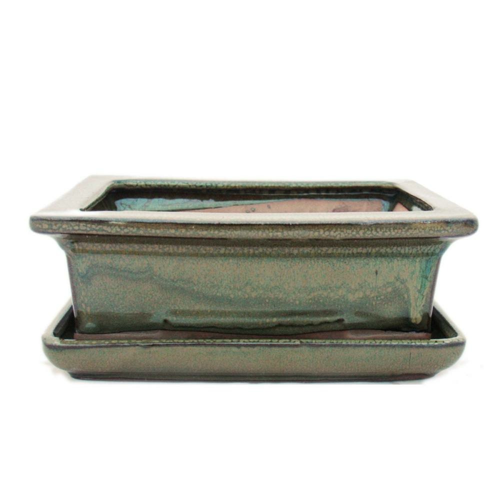 Bol bonsaï avec soucoupe taille 3 - brun olive - angulaire - modèle g29 - l 18cm - l 13cm - h 6cm
