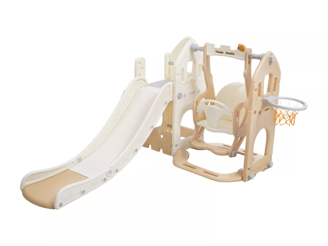 Toboggan en PP 5 en 1 pour enfant 3-8ans, balançoire, toboggan, escalade, espace de rangement, cadre de basket-ball, rose antique