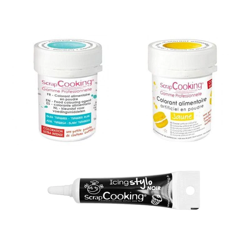 2 colorants alimentaires turquoise-jaune + Stylo glaçage noir Scrapcoo