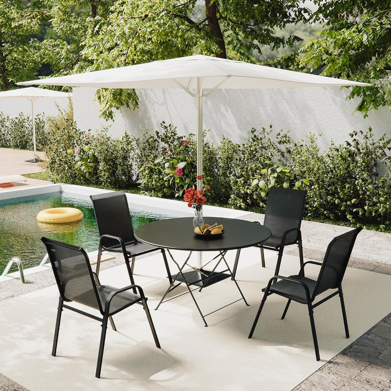 ALAULM Hochlehner Gartenstühle 4er Set Stapelbar, Wetterfeste Terrassenstühle mit Armlehnen, Atmungsaktives Textilene & Stahlgestell für Garten, Balkon, Terrasse, Poolbereich (Schwarz)