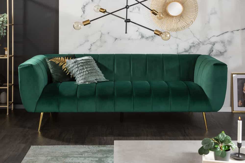 Design 3-Sitzer Sofa NOBLESSE 225cm smaragdgrün Samt Federkern goldene Metallfüße