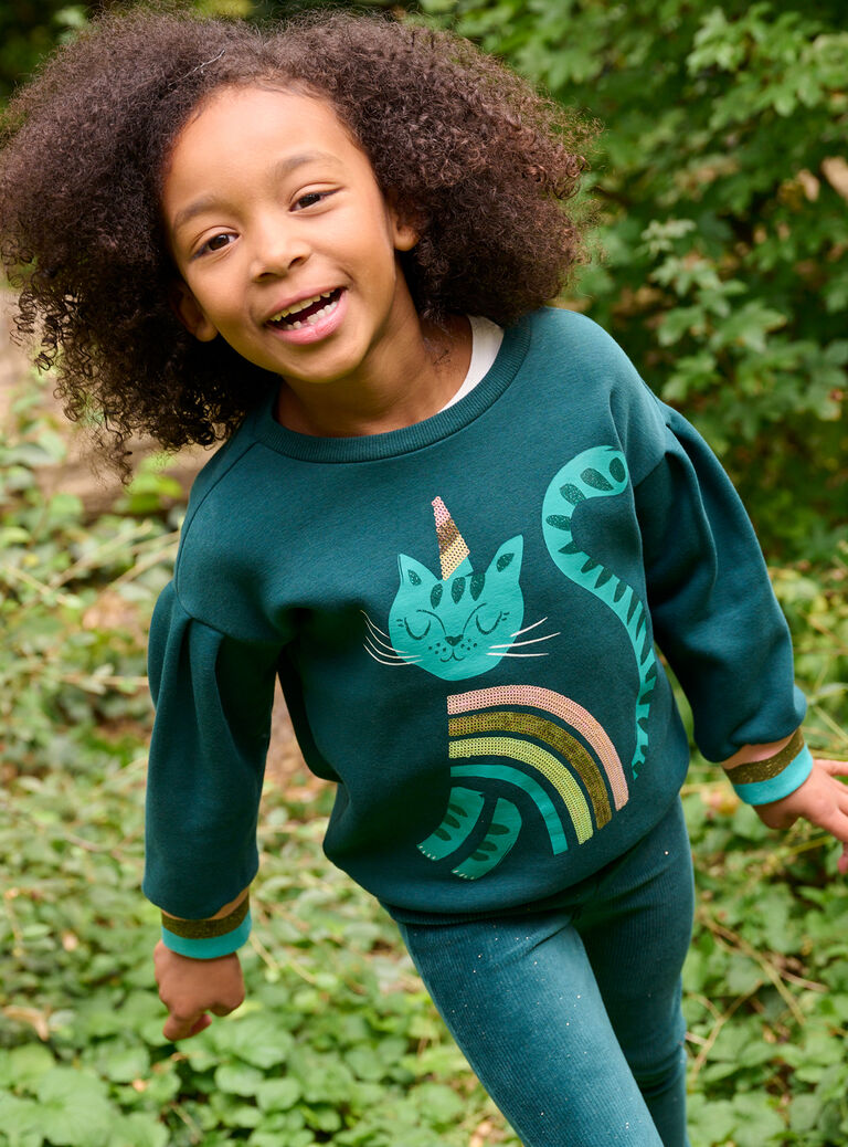 Sweat bleu canard à motif chat pour fille