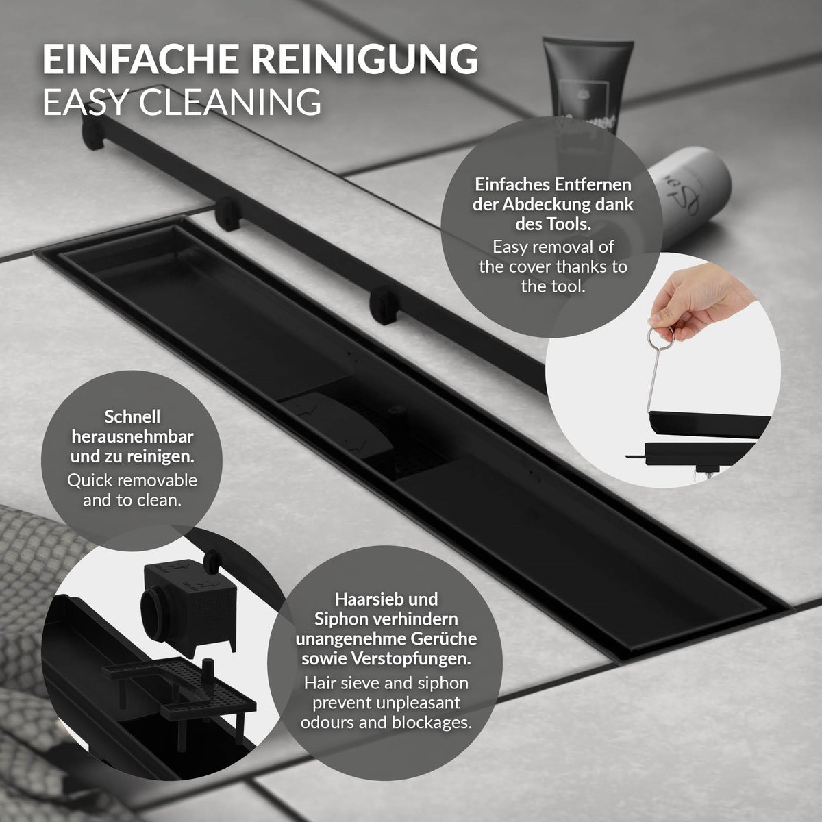 LuxeBath Doucheafvoer 60 cm 2-in-1, betegelbaar, extra vlak, RVS, zwart, dubbelzijdige vloerafvoer, complete vloerinbouwset, doucheafvoer, sifon met stankafsluiter, haarzeef, douchegoot