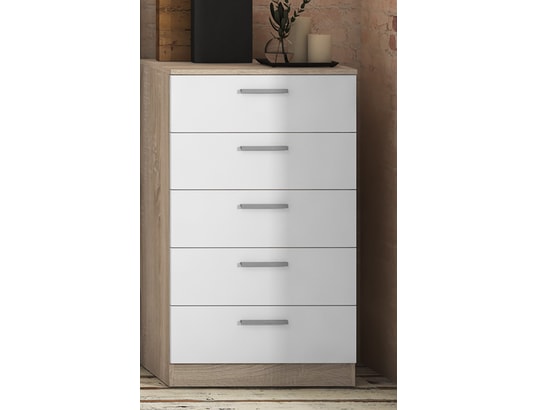 PEGANE - Chiffonnier avec 5 tiroirs coloris chêne cambrian/blanc