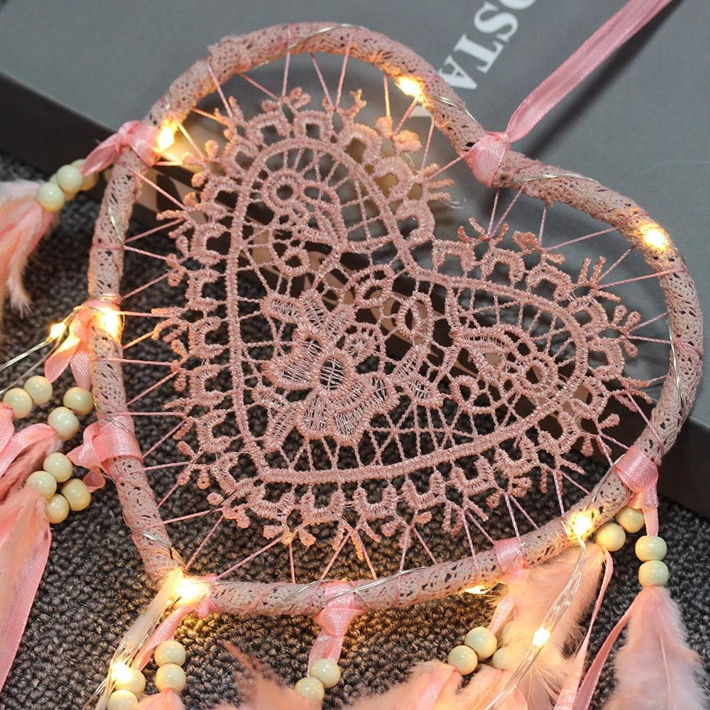 (57x16cm) 18 LED's Herz Feder Traumfänger Boho Home Wand Deko Hygge Lifestyle Accessoire (inkl. CR2032 Batterie) - Warmweiss / Rosa