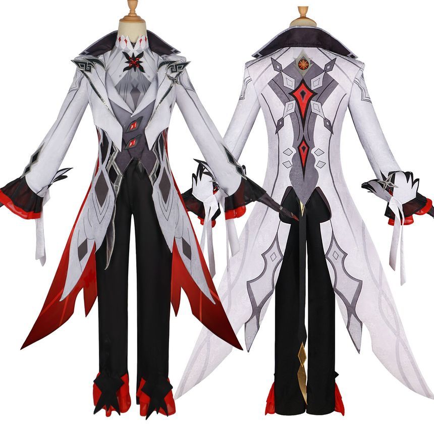Custaplayu - Genshin Impact Arlecchino Cosplaykostuum / Pruik / Puntige, gepatroneerde platformlaarzen met hoge hak / Set