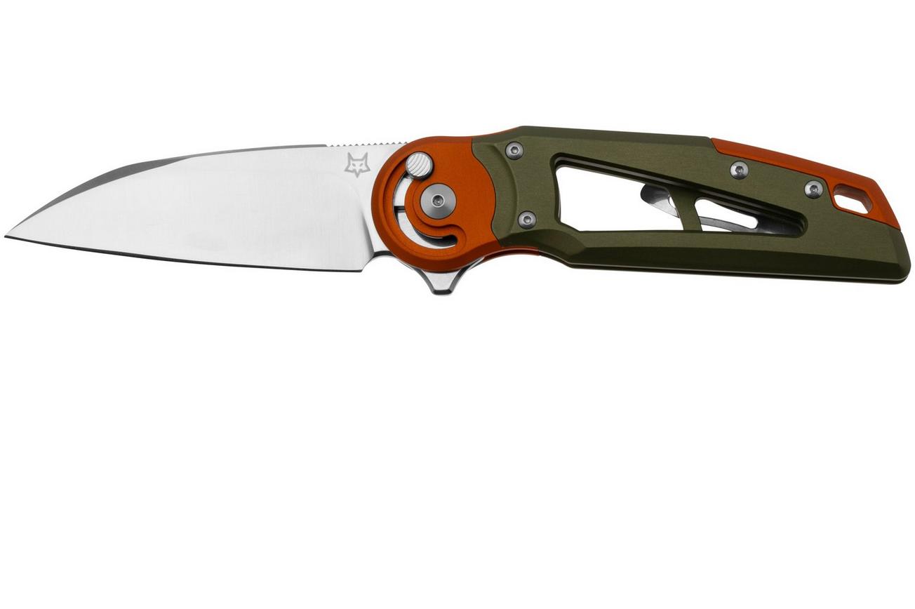Fox Metamorphosis FX-556-B5 M390 Satin Wharncliffe, Green Aluminium, Orange Aluminium bolster zakmes