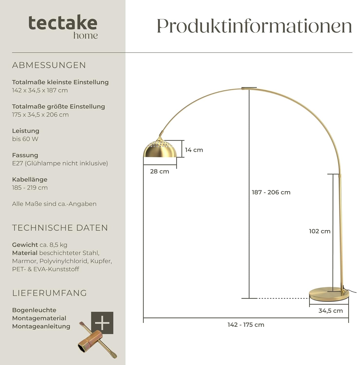 tectake® Bogenleuchte, Bogenlampe, Stehlampe Wohnzimmer, Esszimmerlampe modern, Schirmlampe hängend, Retro Vintage Optik, Lampe Esszimmer, Standleuchte, Standlampe - gold