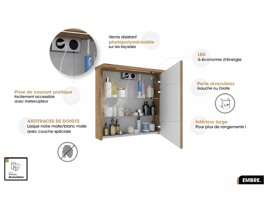 Ensemble complet - de salle de bain - Meuble - Miroir/Armoire - Colonne - Vasque avec Siphon OFFERT | EMBRE | Noir | 80 x 50 x 45 cm