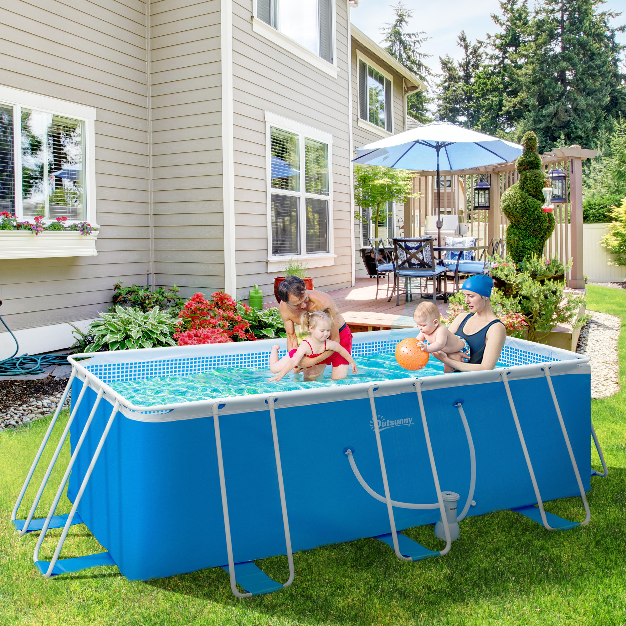 Piscina retangular removível Outsunny de 440x240x122 cm para uso externo, com bomba de filtro de cartucho de 4.000 L/h e estrutura de aço de 9.760 L, azul.