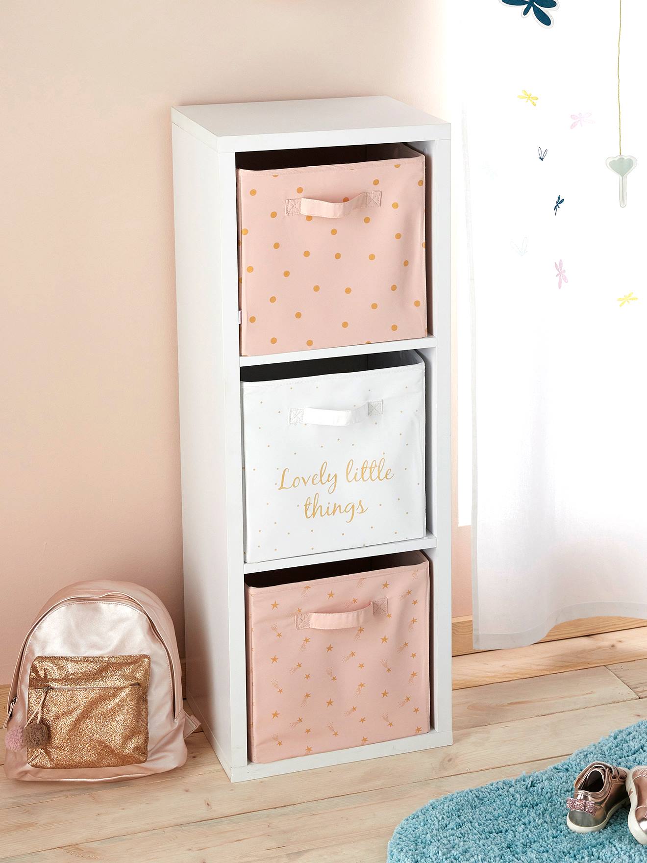 Conjunto de 3 lindas caixas organizadoras com estampa rosa claro.