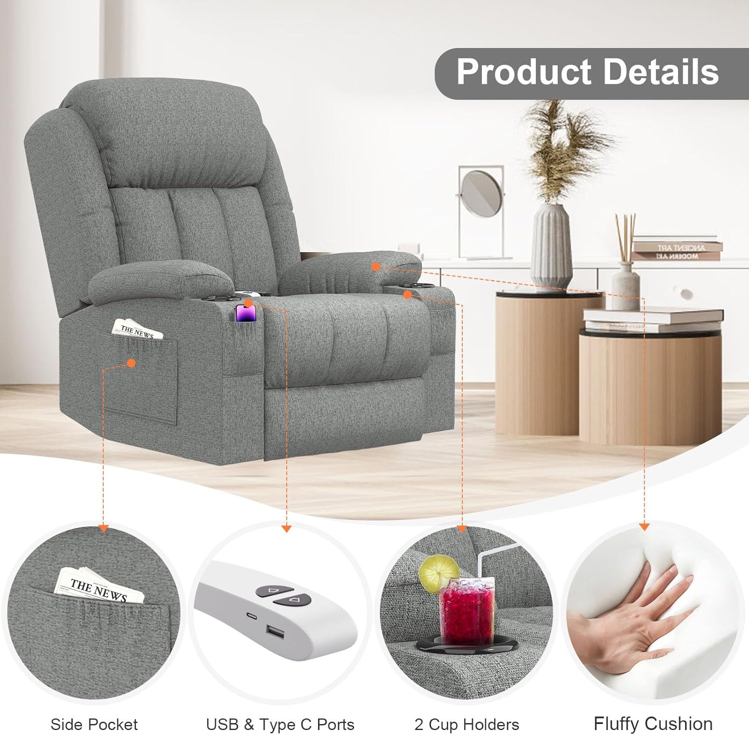 Fernsehsessel Massagesessel Elektrisch Relaxsessel mit Liegefunktion Aufstehhilfe, Massage Heizung, Fußteil, Getränkehalter 4 Seitentaschen,TYP C & USB-Anschlüsse Leder Sessel