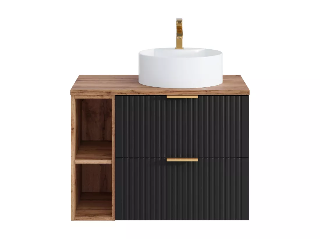 Meuble de salle de bain suspendu strié avec niches et vasque à poser ronde - Noir et naturel clair - L80 cm - ZEVARA
