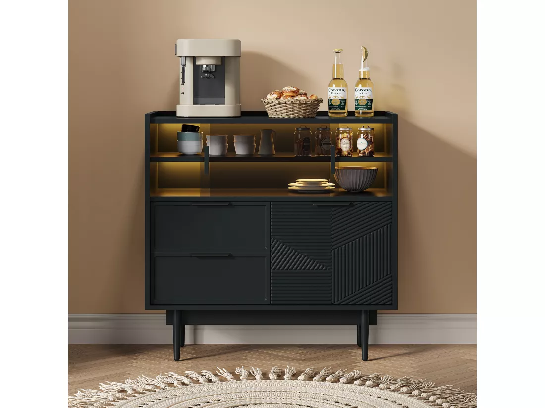 Buffet, vitrine avec 2 tiroirs, 1 porte en bois et 2 portes coulissantes en verre - 80 x 35 x 80 cm - Bois MDF - Noir