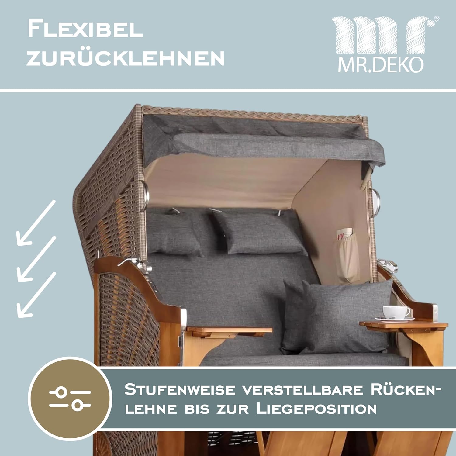 Strandkorb Schleswig Pinie Braun PE Mokka Dessin 560 | 2 Sitzer wetterfest | Ostseefeeling Garten Balkon | Roofed Wicker Beach Chair | Strandkörbe Volllieger Pinienholz | Fertig montiert